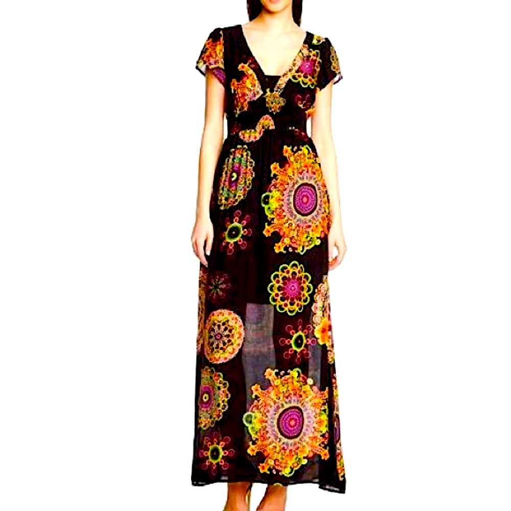 Desigual Andez Plunge Neck Short Sleeve Maxi Dress Black Multi size 36 (XSmall)